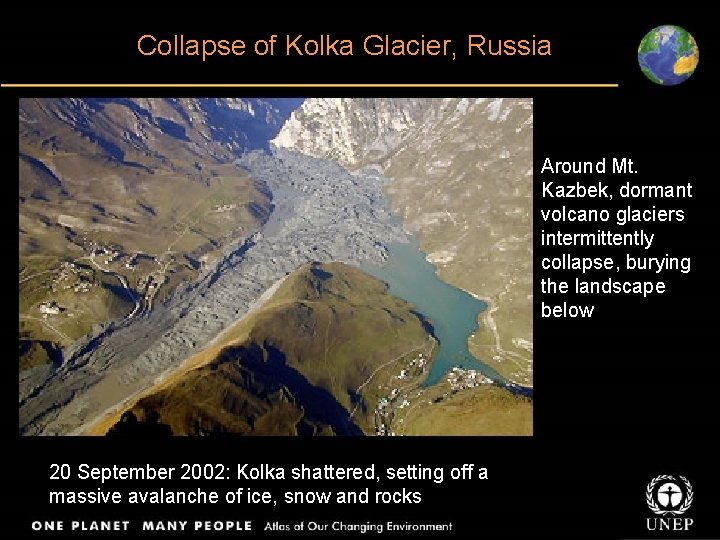 Collapse of Kolka Glacier, Russia Around Mt. Kazbek, dormant volcano glaciers intermittently collapse, burying