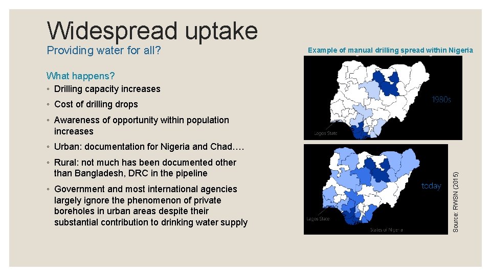 Widespread uptake Providing water for all? Example of manual drilling spread within Nigeria What