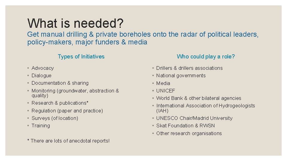 What is needed? Get manual drilling & private boreholes onto the radar of political