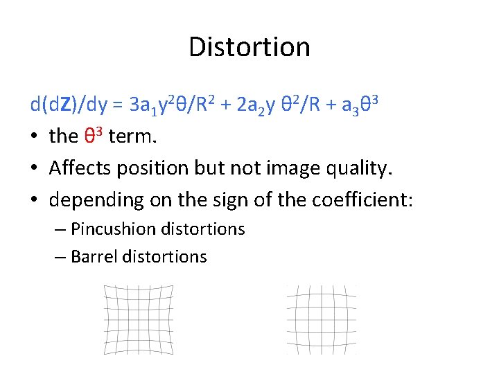 Distortion d(d. Z)/dy = 3 a 1 y 2θ/R 2 + 2 a 2