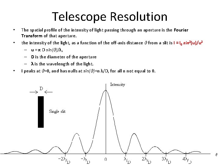 Telescope Resolution • • • The spatial profile of the intensity of light passing