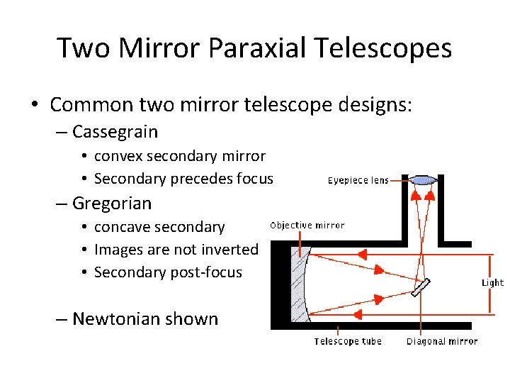 Two Mirror Paraxial Telescopes • Common two mirror telescope designs: – Cassegrain • convex
