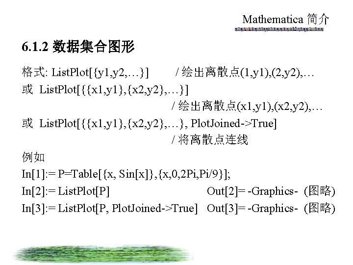 Mathematica 简介 6. 1. 2 数据集合图形 格式: List. Plot[{y 1, y 2, …}] /