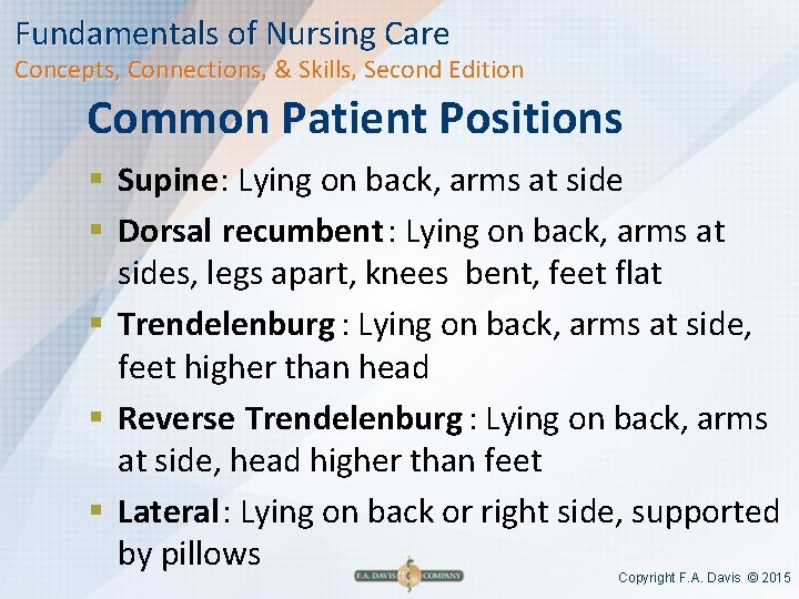 Fundamentals of Nursing Care Concepts, Connections, & Skills, Second Edition Common Patient Positions §