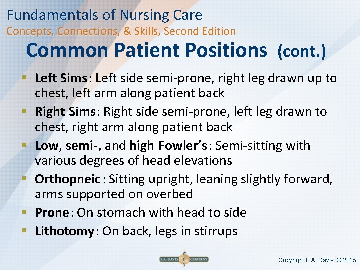 Fundamentals of Nursing Care Concepts, Connections, & Skills, Second Edition Common Patient Positions (cont.