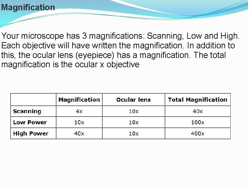 Magnification Your microscope has 3 magnifications: Scanning, Low and High. Each objective will have