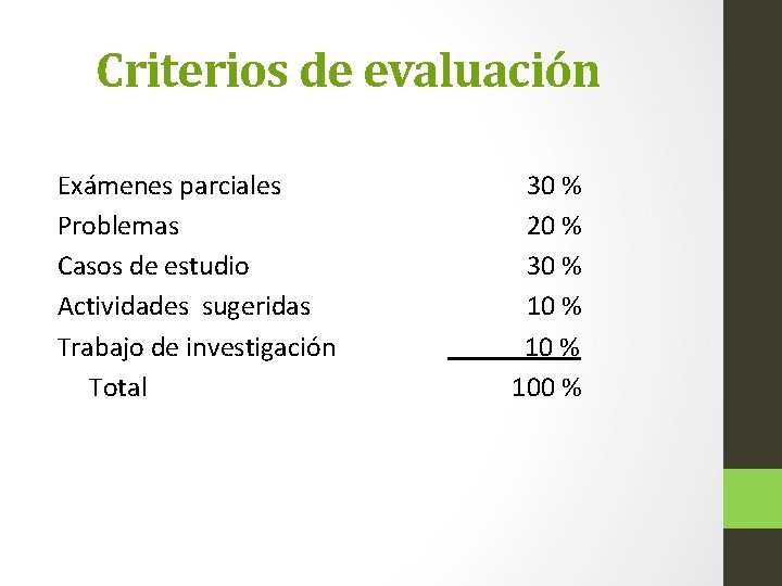 Criterios de evaluación Exámenes parciales Problemas Casos de estudio Actividades sugeridas Trabajo de investigación