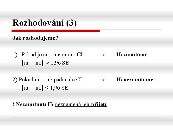 Rozhodování (3) Jak rozhodujeme? 1) Pokud je m 1 – m 2 mimo CI