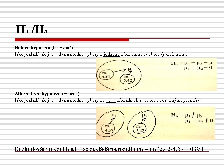 H 0 /HA Nulová hypotéza (testovaná) Předpokládá, že jde o dva náhodné výběry z