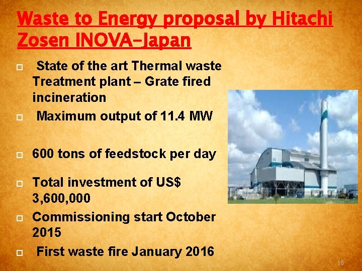 Waste to Energy proposal by Hitachi Zosen INOVA-Japan State of the art Thermal waste