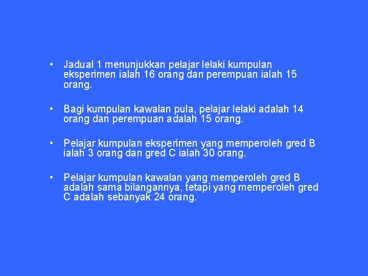  • Jadual 1 menunjukkan pelajar lelaki kumpulan eksperimen ialah 16 orang dan perempuan