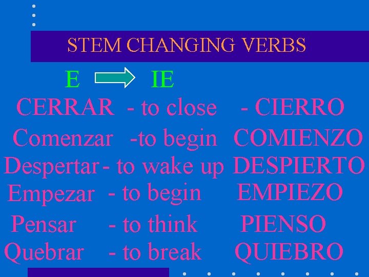 STEM CHANGING VERBS E IE CERRAR - to close Comenzar -to begin Despertar -