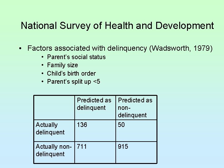 National Survey of Health and Development • Factors associated with delinquency (Wadsworth, 1979) •