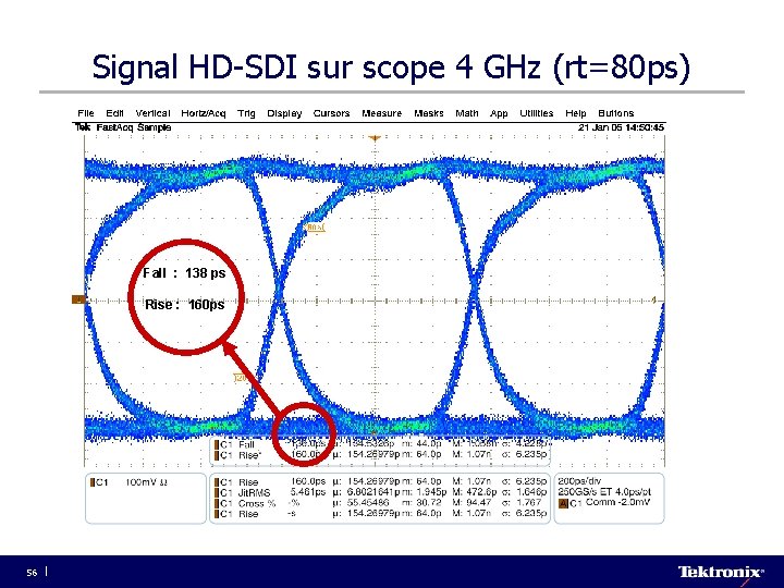 Signal HD-SDI sur scope 4 GHz (rt=80 ps) Fall : 138 ps Rise :