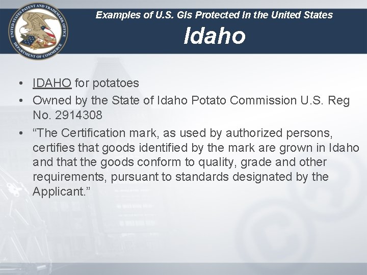 Examples of U. S. GIs Protected In the United States Idaho • IDAHO for