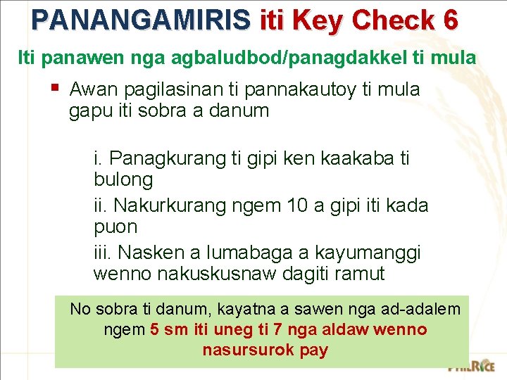 PANANGAMIRIS iti Key Check 6 Iti panawen nga agbaludbod/panagdakkel ti mula § Awan pagilasinan