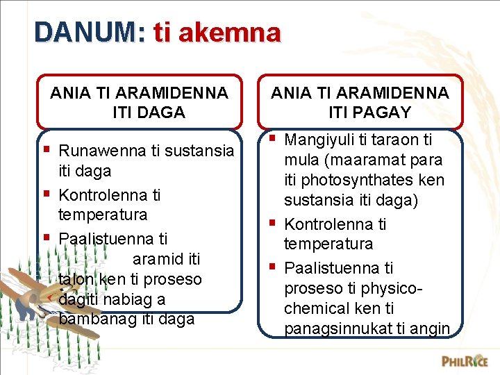 DANUM: ti akemna ANIA TI ARAMIDENNA ITI DAGA § Runawenna ti sustansia § §