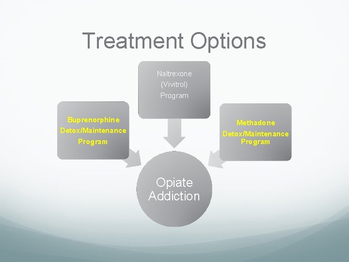 Treatment Options Naltrexone (Vivitrol) Program Buprenorphine Detox/Maintenance Program Methadone Detox/Maintenance Program Opiate Addiction 