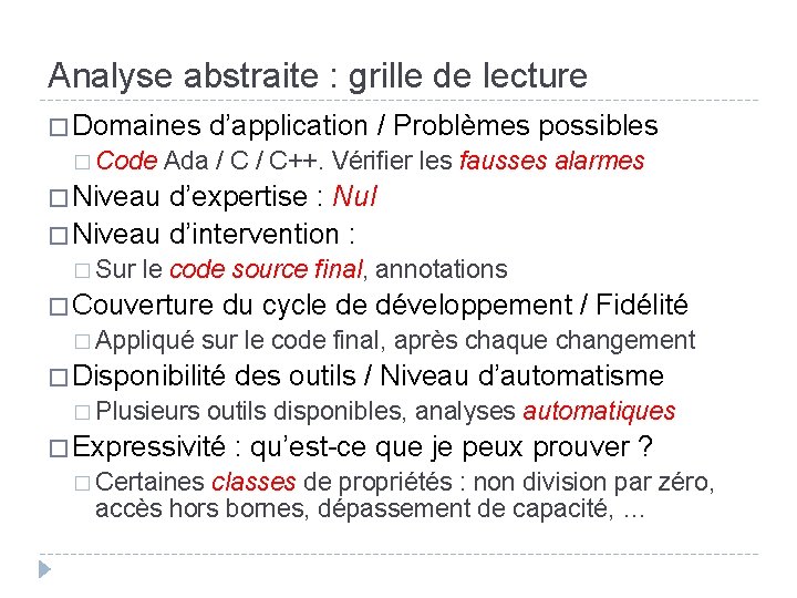 Analyse abstraite : grille de lecture � Domaines d’application / Problèmes possibles � Code