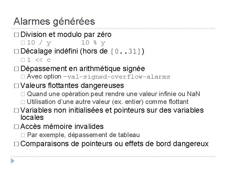 Alarmes générées � Division et modulo par zéro � 10 / y 10 %