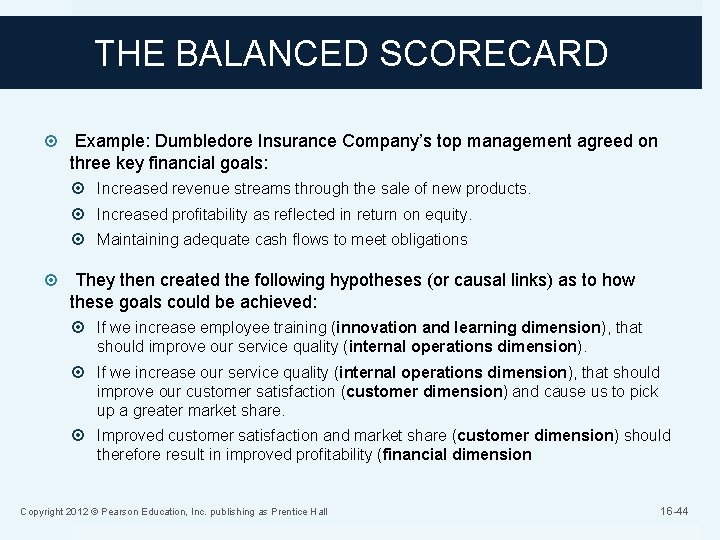 THE BALANCED SCORECARD Example: Dumbledore Insurance Company’s top management agreed on three key financial