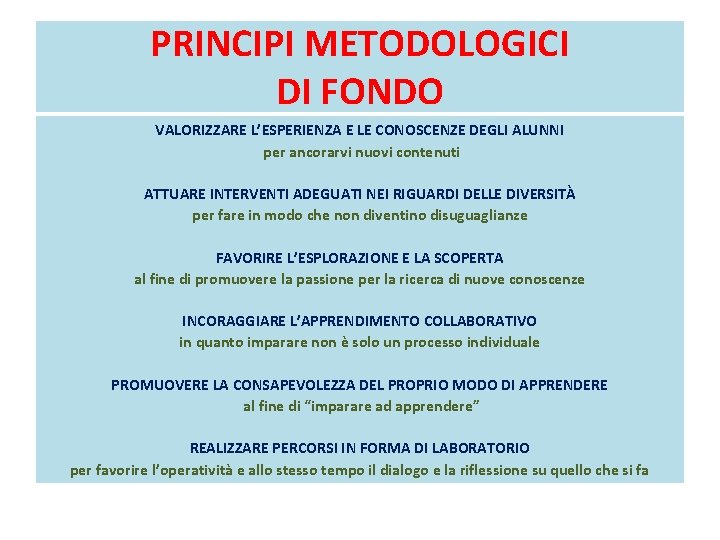 PRINCIPI METODOLOGICI DI FONDO VALORIZZARE L’ESPERIENZA E LE CONOSCENZE DEGLI ALUNNI per ancorarvi nuovi