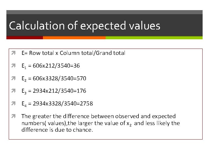 Calculation of expected values E= Row total x Column total/Grand total E 1 =