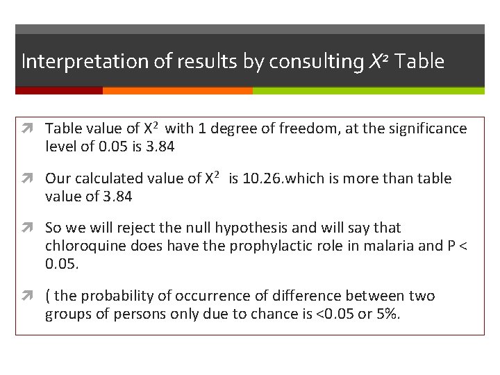 Interpretation of results by consulting X 2 Table value of X 2 with 1