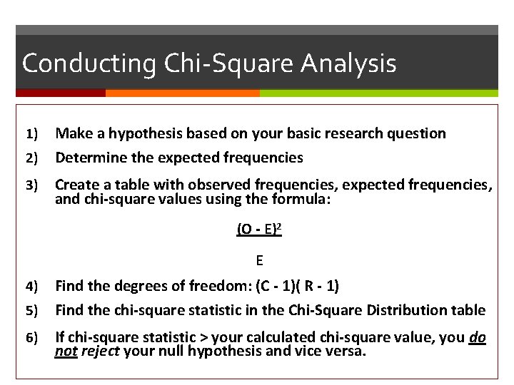 Conducting Chi-Square Analysis 1) 2) 3) Make a hypothesis based on your basic research