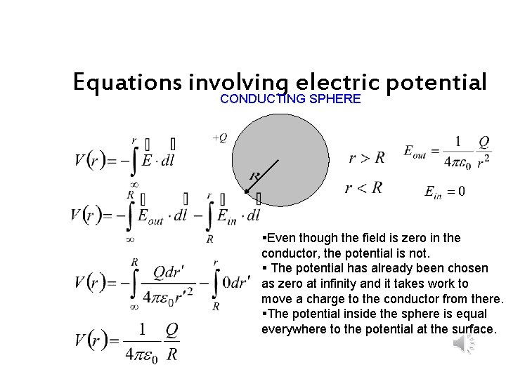 Equations involving electric potential CONDUCTING SPHERE §Even though the field is zero in the