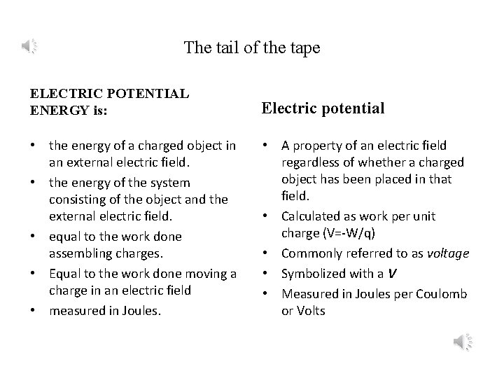 The tail of the tape ELECTRIC POTENTIAL ENERGY is: Electric potential • the energy