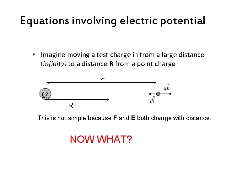 Equations involving electric potential • Imagine moving a test charge in from a large