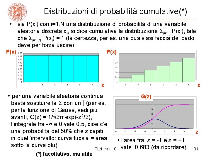 Distribuzioni di probabilità cumulative(*) • sia P(xi) con i=1, N una distribuzione di probabilità