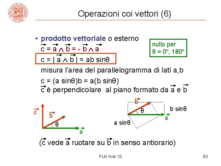 Operazioni coi vettori (6) • prodotto vettoriale o esterno nullo per c = a