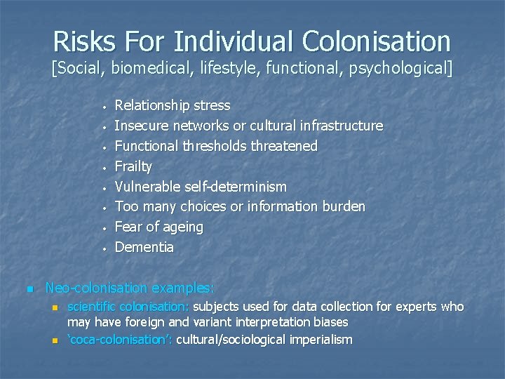 Risks For Individual Colonisation [Social, biomedical, lifestyle, functional, psychological] • • n Relationship stress