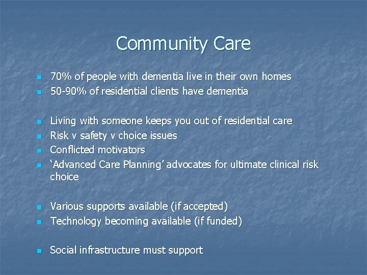 Community Care n n n 70% of people with dementia live in their own
