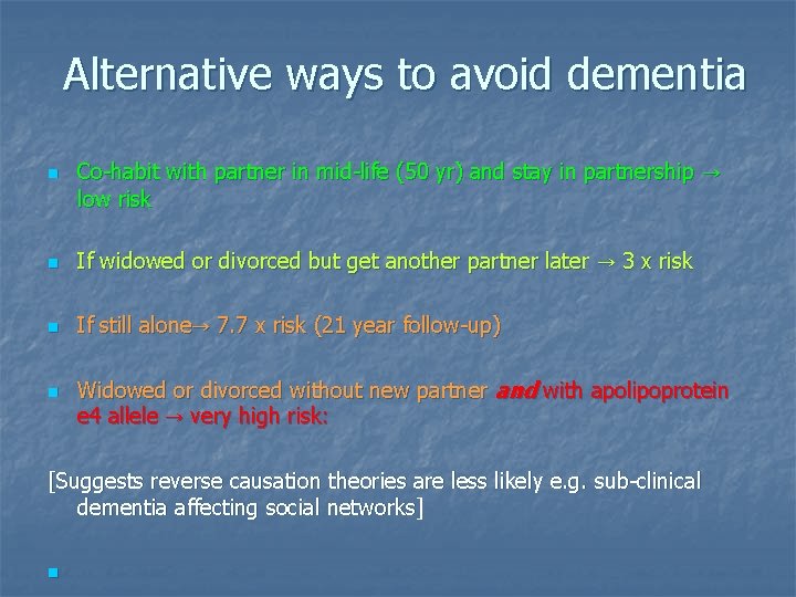 Alternative ways to avoid dementia n Co-habit with partner in mid-life (50 yr) and