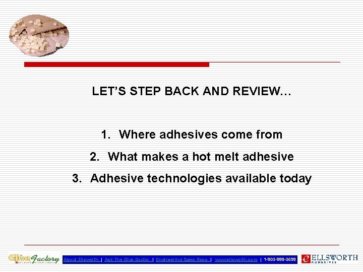 LET’S STEP BACK AND REVIEW… 1. Where adhesives come from 2. What makes a