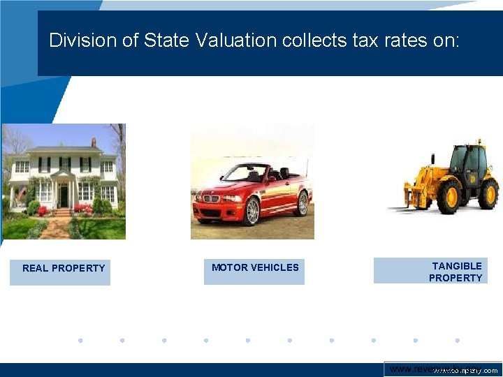 Division of State Valuation collects tax rates on: REAL PROPERTY MOTOR VEHICLES TANGIBLE PROPERTY