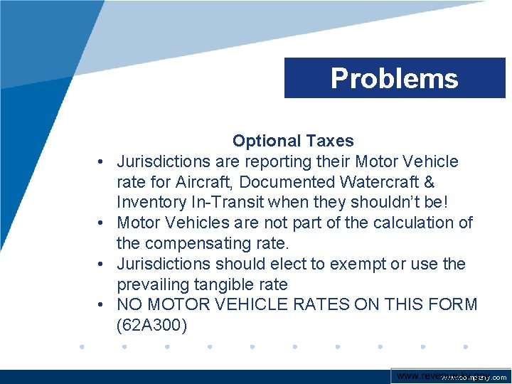 Problems • • Optional Taxes Jurisdictions are reporting their Motor Vehicle rate for Aircraft,
