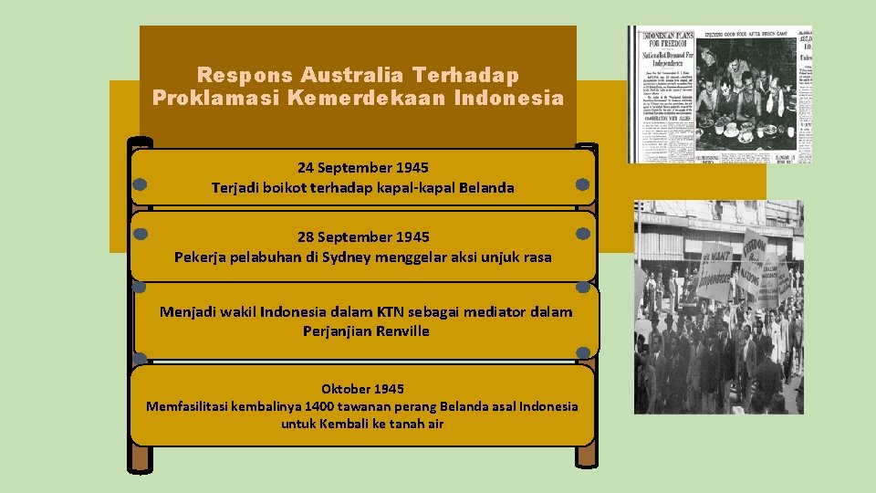 Respons Australia Terhadap Proklamasi Kemerdekaan Indonesia 24 September 1945 Terjadi boikot terhadap kapal-kapal Belanda