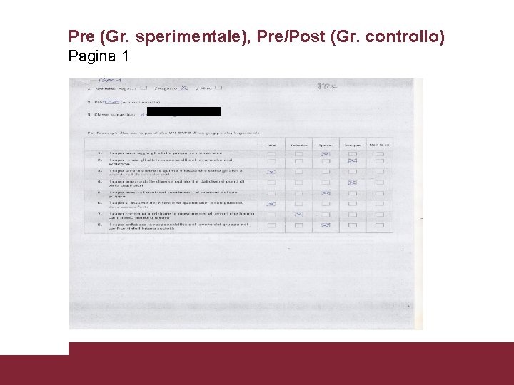 Pre (Gr. sperimentale), Pre/Post (Gr. controllo) Pagina 1 La valutazione della partecipazione al gioco