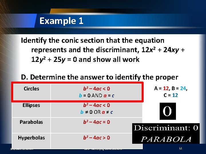 Example 1 Identify the conic section that the equation represents and the discriminant, 12