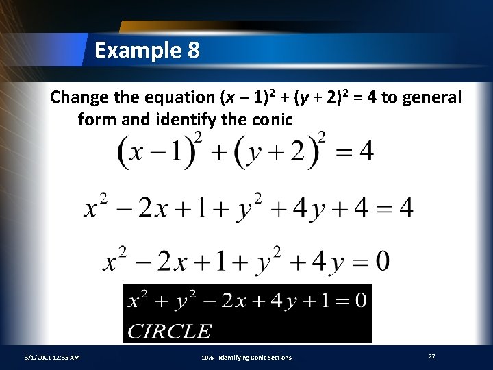 Example 8 Change the equation (x – 1)2 + (y + 2)2 = 4