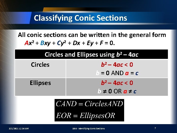 Classifying Conic Sections All conic sections can be written in the general form Ax