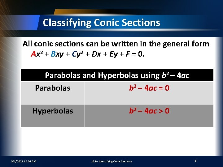 Classifying Conic Sections All conic sections can be written in the general form Ax