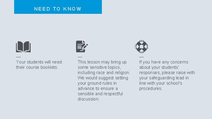 NEED TO KNOW — Your students will need their course booklets. — This lesson