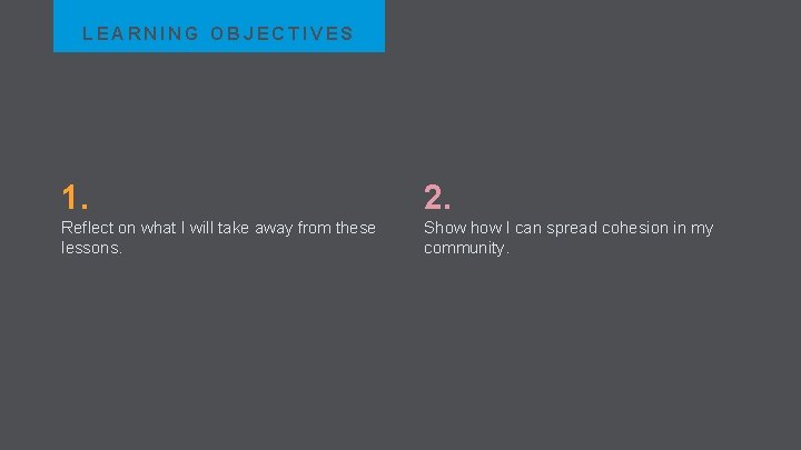LEARNING OBJECTIVES 1. 2. Reflect on what I will take away from these lessons.