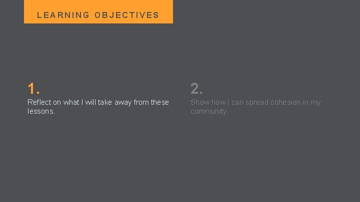 LEARNING OBJECTIVES 1. 2. Reflect on what I will take away from these lessons.