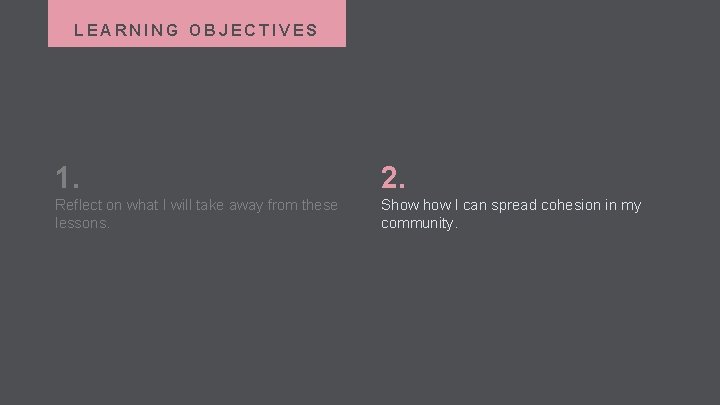 LEARNING OBJECTIVES 1. 2. Reflect on what I will take away from these lessons.